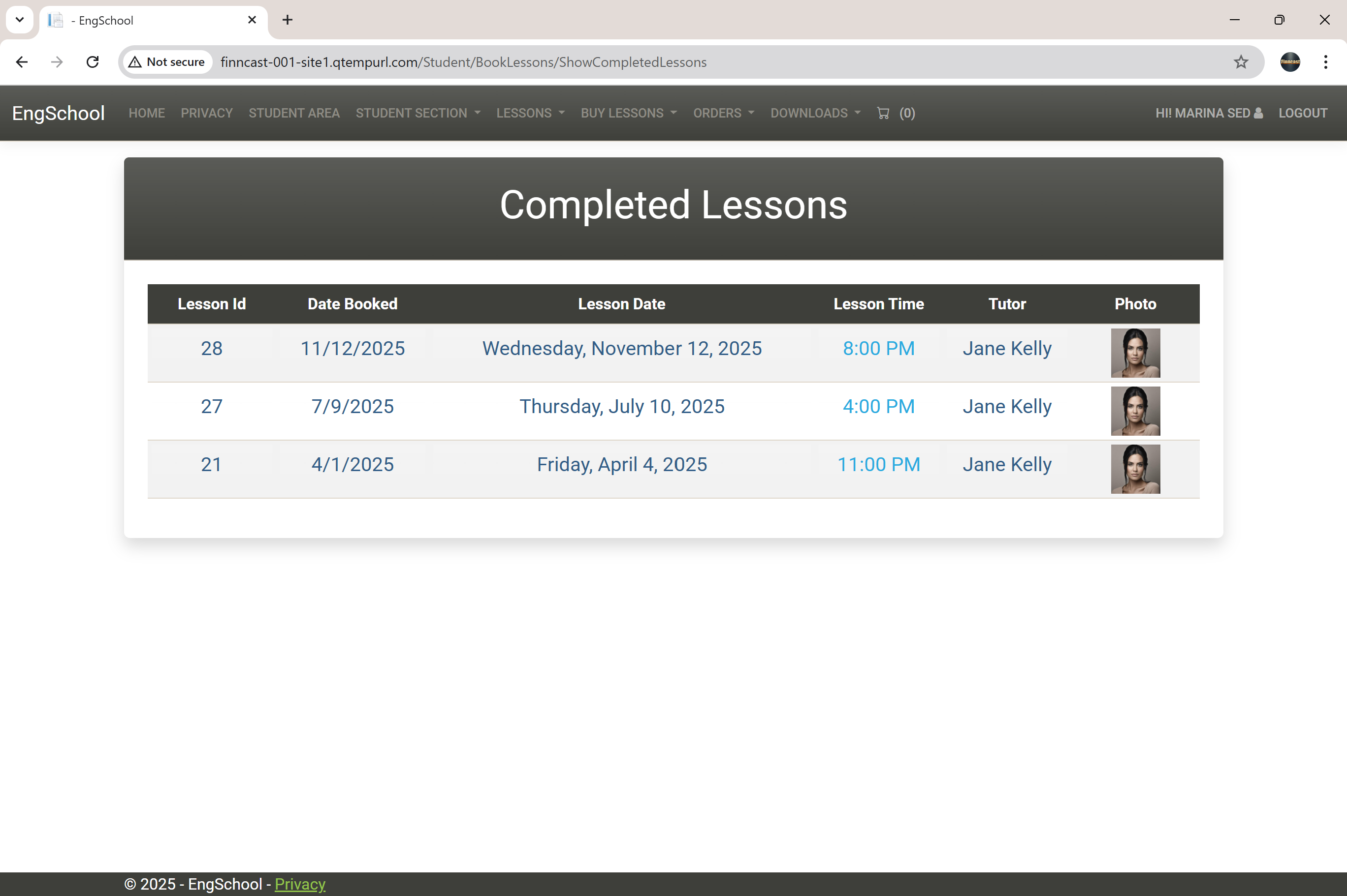 Student lessons completed